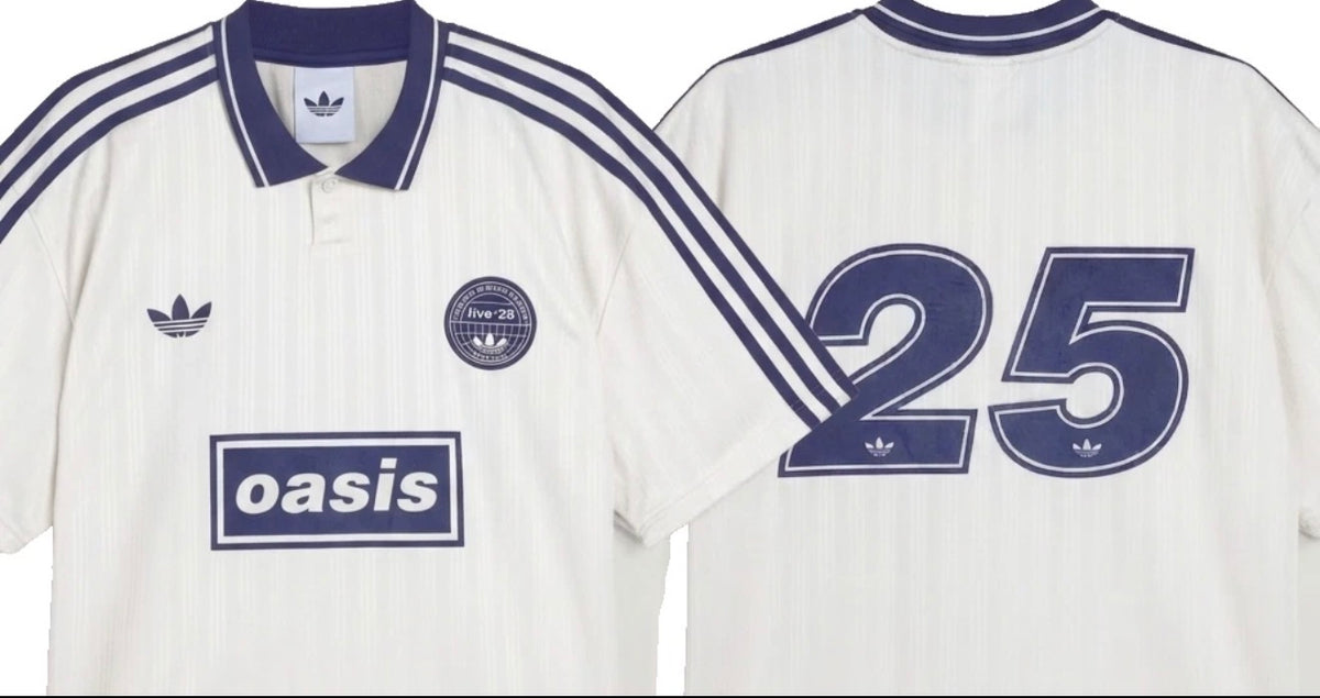 White Adidas OASIS TOUR Lifestyle short sleeve jersey from the World Cup Retro Soccer Shop, featuring team and brand details.