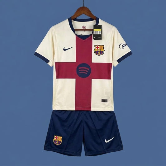 Barcelona 26/27 kids' home soccer kit set including short sleeve jersey, shorts, and socks, featuring team colors and logo.