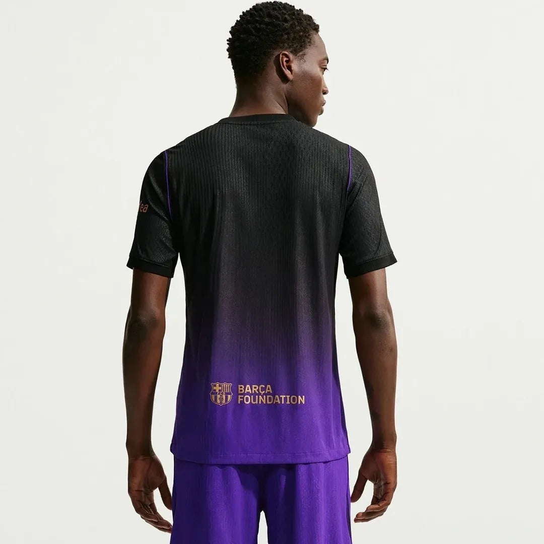 Barcelona FC 26/27 away jersey, short sleeve, retro soccer design from World Cup Retro Soccer Shop, featuring team colors and logo.
