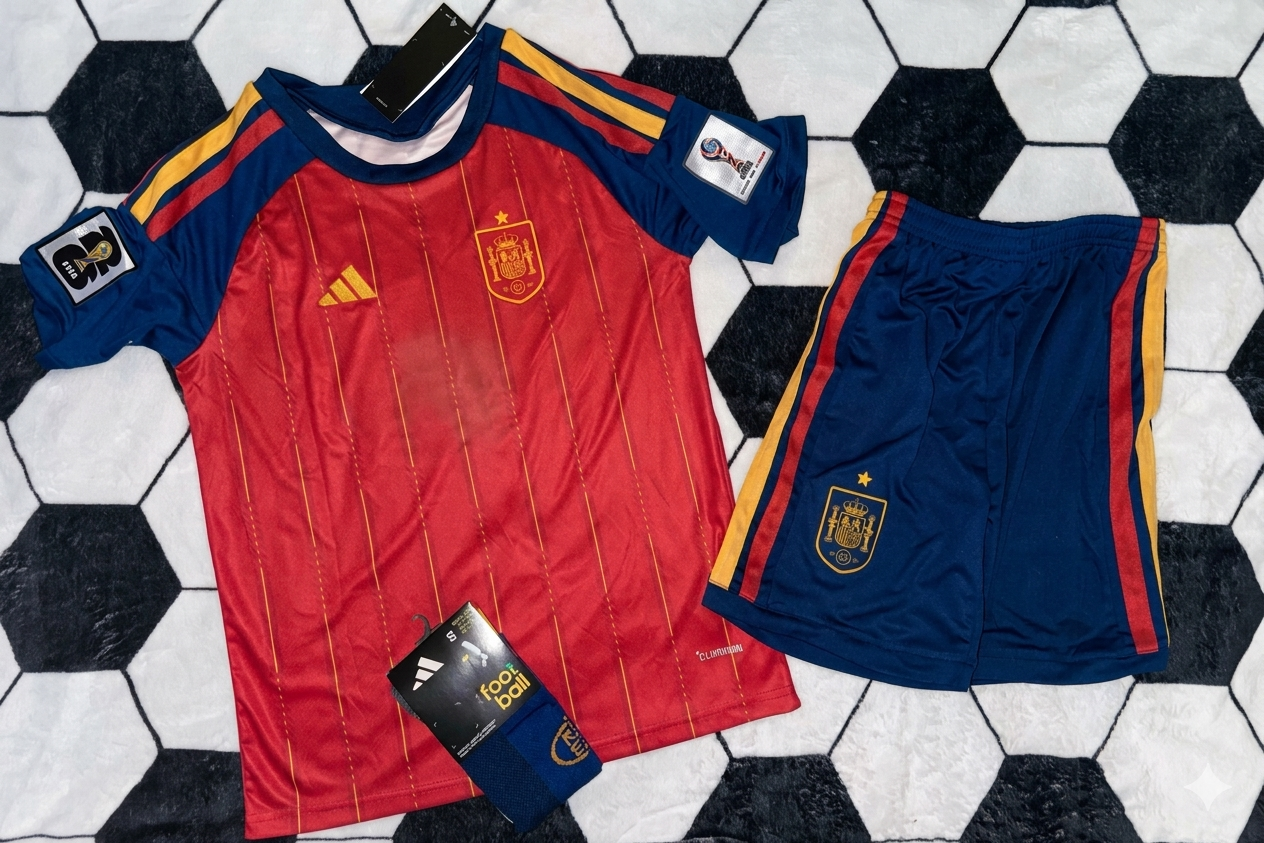 Spain 🇪🇸 2026 World Cup Kids Kit Set, Home Jersey Shorts & Socks.