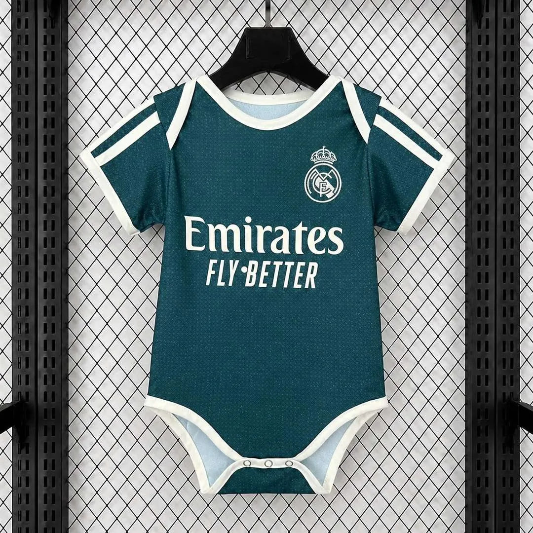 Real Madrid 26/27 home infant romper kit with short sleeves, featuring team colors and logo, from World Cup Retro Soccer Shop.