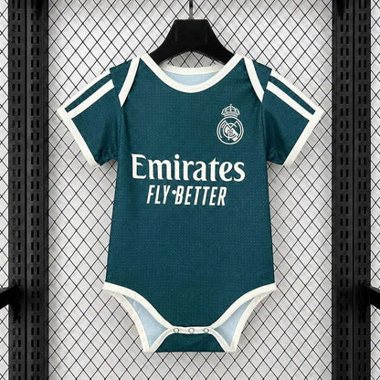 Real Madrid 26/27 home infant romper kit with short sleeves, featuring team colors and logo, from World Cup Retro Soccer Shop.