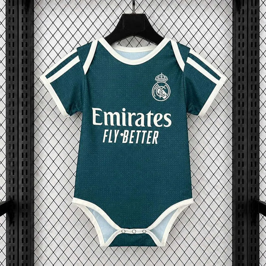 Real Madrid 26/27 home infant romper kit with short sleeves, featuring team colors and logo, from World Cup Retro Soccer Shop.