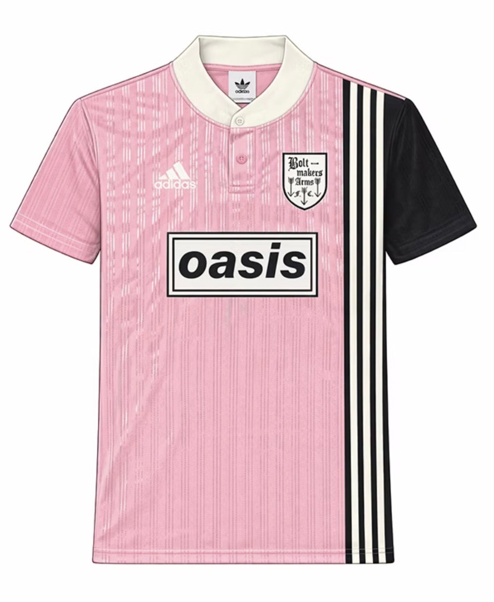 Pink and black Adidas OASIS TOUR short sleeve soccer jersey with "Bolt Makers Arms" edition, displayed on a plain background.