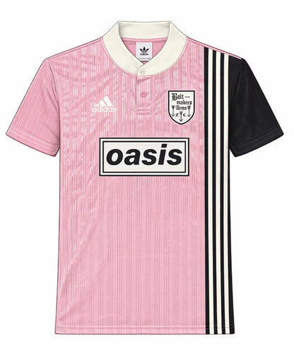 Pink and black Adidas OASIS TOUR short sleeve soccer jersey with "Bolt Makers Arms" edition, displayed on a plain background.