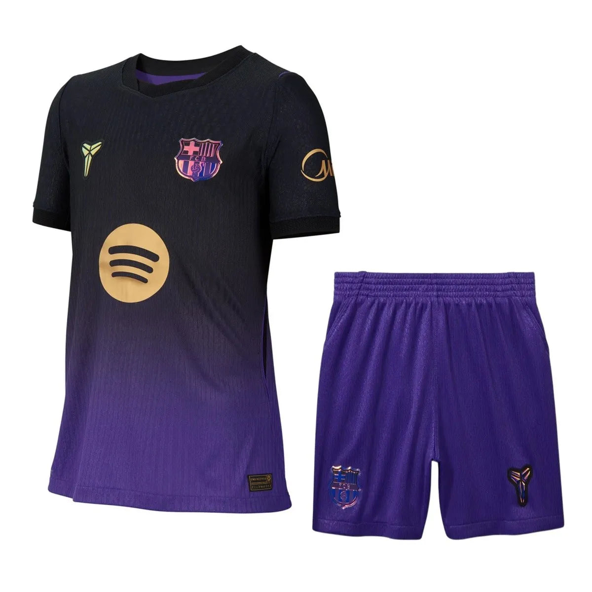 Barcelona kids away kit set featuring short sleeve home jersey, matching shorts, and socks in team colors.