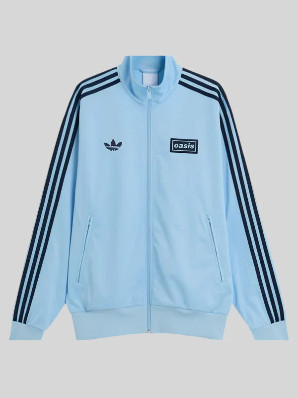 Blue Adidas Original Oasis Tour long sleeve tracksuit jacket with retro soccer style, featuring the classic Adidas branding.