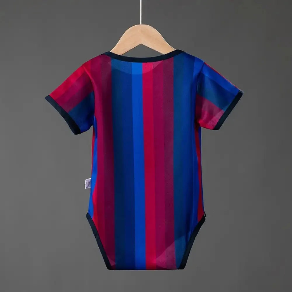 Baby's Barcelona 26/27 Home infant romper kit with short sleeves, featuring team colors and logo from World Cup Retro Soccer Shop.