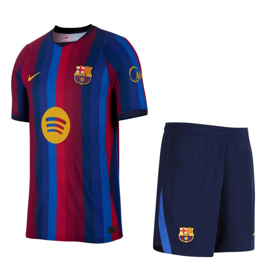 Kids Barcelona 26/27 home jersey, shorts, and socks set with short sleeve design by World Cup Retro Soccer Shop.